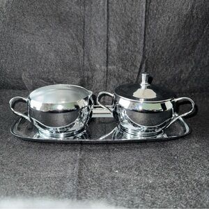 Milbern Creation Chrome Creamer and Sugar Bowl w/ Lid High Gloss MCM Vintage